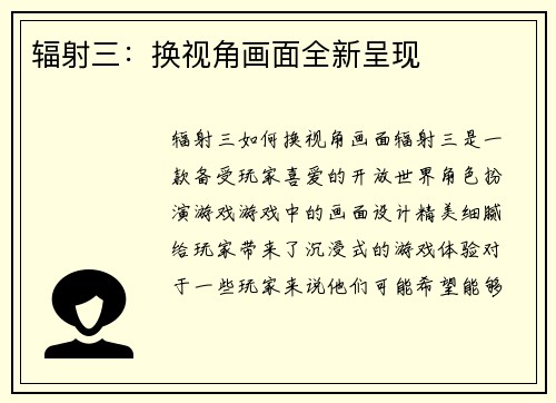 辐射三：换视角画面全新呈现